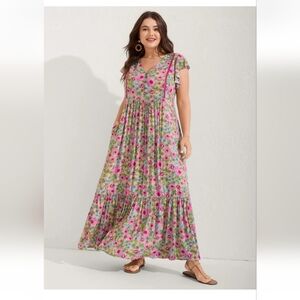 BloomChic Pink Floral Maxi Dress with Ruffle Details